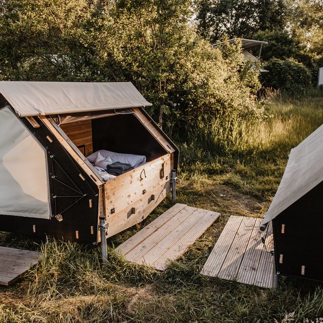 Ein kleines Zeltbett auf einer Wiese im Abendlicht.