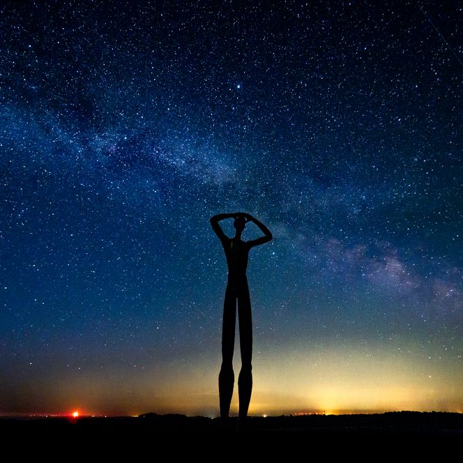 Die Silhouette einer stilisierten Skulptur erhebt sich vor einem Sternenhimmel.