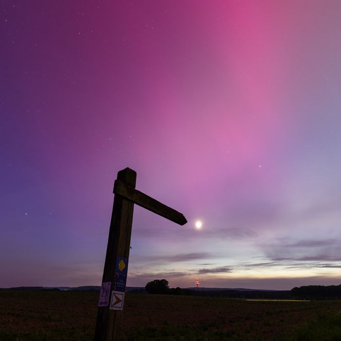 Ein schlichtes Wegkreuz vor Polarlichtern: Magenta und violette Farbschleier am Nachthimmel.