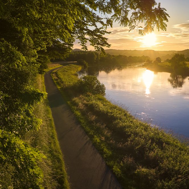 Flusslandschaft der Weser im Sonnenuntergang