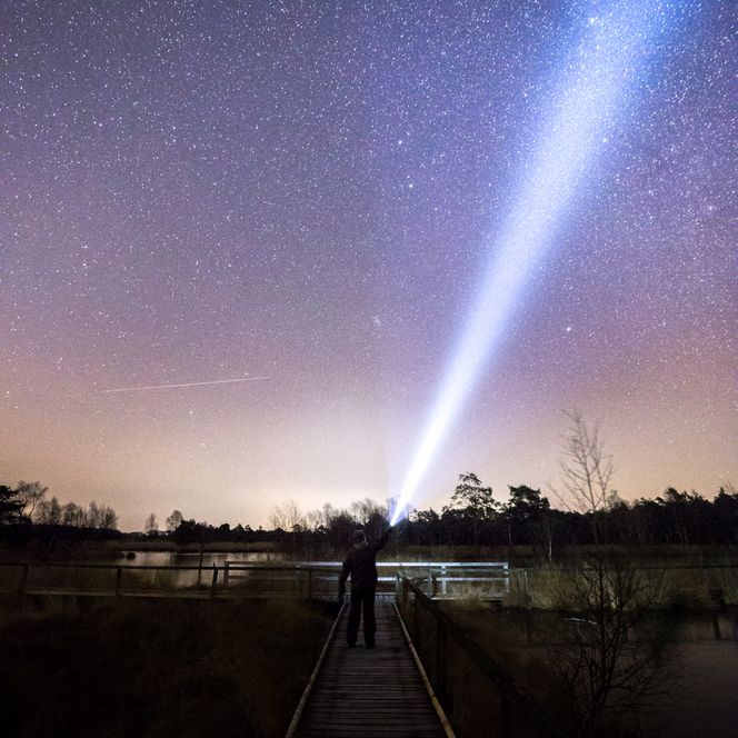 Ein klarer Sternenhimmel breitet sich über dem Pietzmoor aus, beleuchtet von einem einzelnen Lichtstrahl.