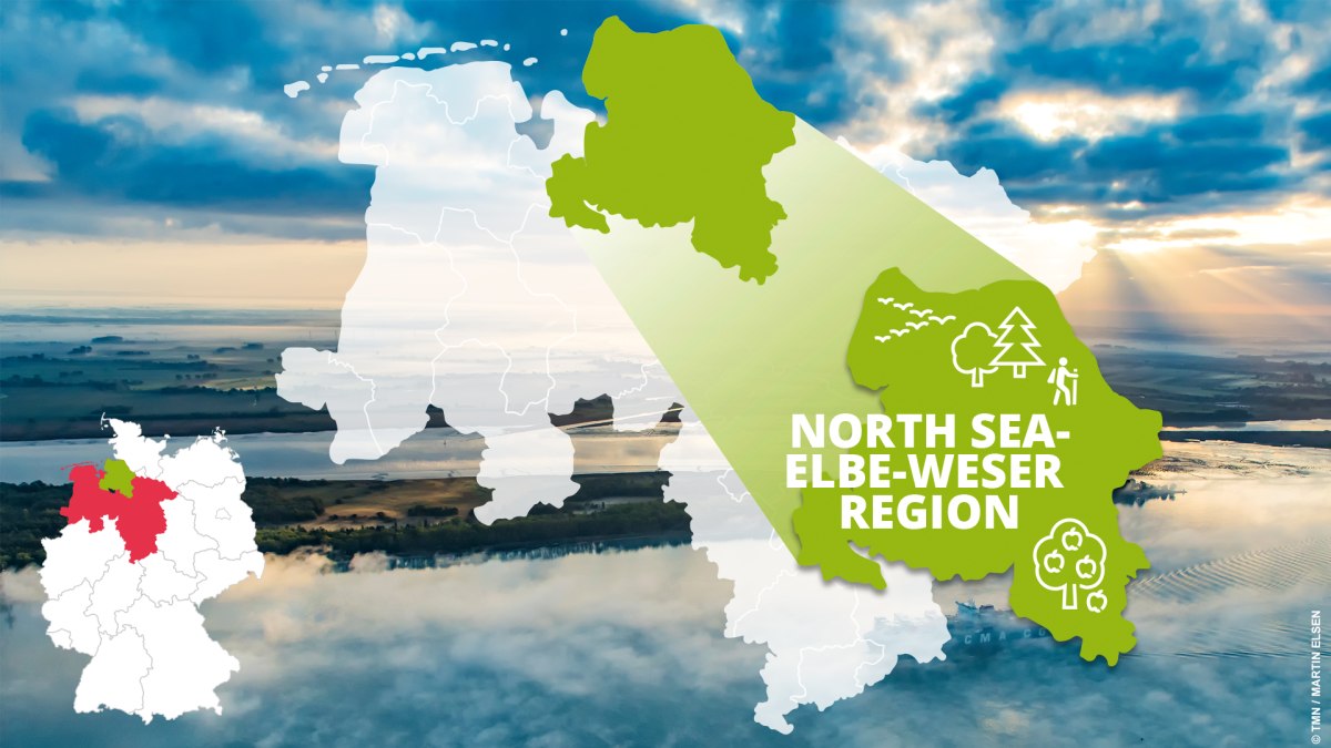 Location of North Sea-Elbe-Weser region in Niedersachsen (Lower Saxony) and famous sights Location of North Sea-Elbe-Weser region in Niedersachsen (Lower Saxony) and famous sights