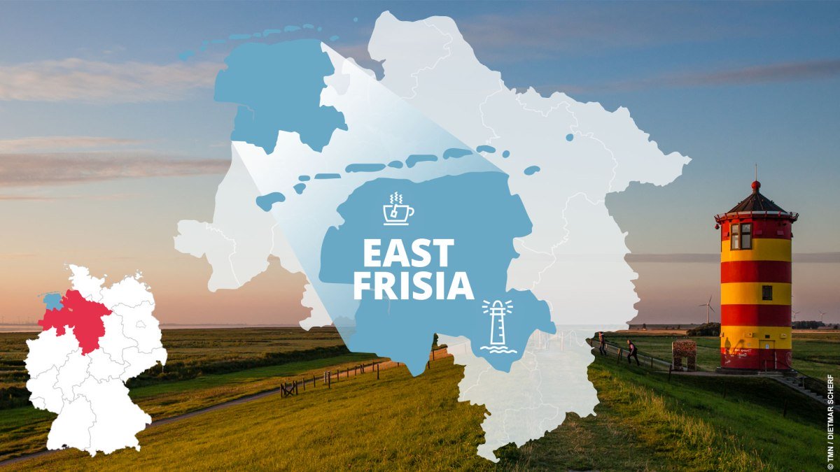 Location of East Frisia in Niedersachsen (Lower Saxony) and famous sights Location of East Frisia in Niedersachsen (Lower Saxony) and famous sights