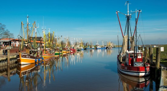 Port Greetsiel, fishing cutter, blue sky, Krummhörn, Ostfriesland, Niedersachsen (Lower Saxony), Germany, © Dieter Schinner