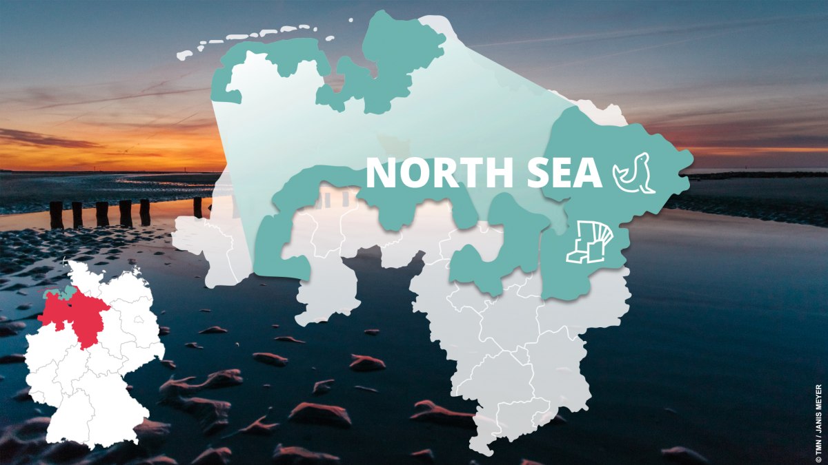 Location of the North Sea holiday region in Niedersachsen (Lower Saxony) and famous sights Location of the North Sea holiday region in Niedersachsen (Lower Saxony) and famous sights
