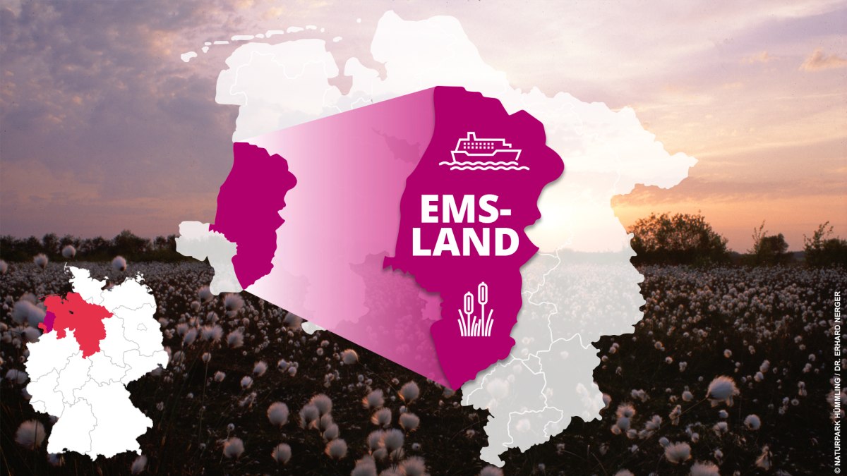 Location of Emsland in Niedersachsen (Lower Saxony) and famous sights